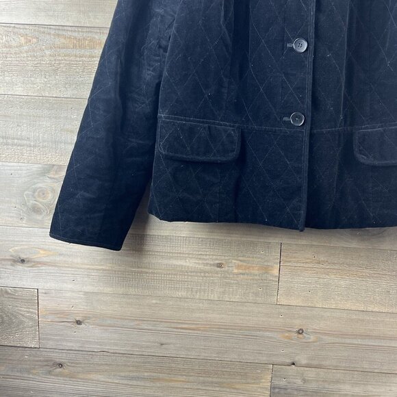 Talbots Womens Jacket Quilted Velour Button Up Faux Pockets Black Elegant 16 - Picture 3 of 6